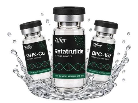 Three Ziffer vials with black labels: GHK-Cu, Retatrutide and BPC-157.